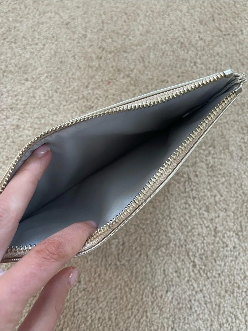 Cutest set of little pouches by Estella Bartlett. Metallic champagne/silver